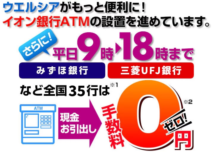 ウエルシアがもっと便利に！イオン銀行ATMの設置を進めています。さらに平日9時から18時まで、みずほ銀行、三菱UFJ銀行など全国35行は、現金お引出しの手数料が0円。