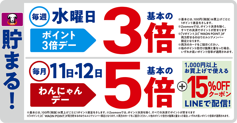 ポイント情報2：毎週水曜日はポイント3倍デー！毎月11日と22日はわんにゃんデーでポイント5倍！